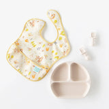 The Bumkins SuperBib® 3 Pack: Happy Campers includes waterproof bibs, a divided plate, and utensils on a pristine white background.