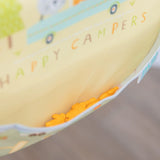 Peek inside the Bumkins SuperBib® 3 Pack: Happy Campers, where cheese crackers meet easy-clean cartoon design snack bags.