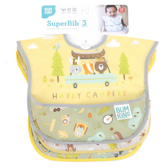 The Bumkins SuperBib® 3 Pack: Happy Campers is perfect for little adventurers, featuring camping-themed designs with animals, a camper van, and trees on a yellow backdrop. Made from waterproof fabric for easy cleaning, these bibs are ideal for explorers aged 6-24 months.