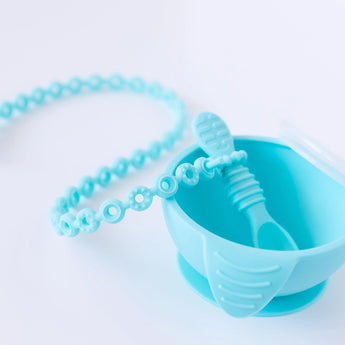 Bumkins Blue Silicone Accessory Tether 2-Pack: Includes suction cup bowl, lid, spoon, teething toy. Ideal for sensory exploration.