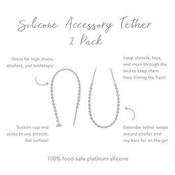 The Bumkins Silicone Accessory Tether 2-Pack: Gray includes two tethers with suction cup ends and loops, ideal for sensory play.