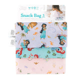 Bumkins Reusable Snack Bag 3-Pack: Featuring Princess Magic, Ariel, and Jasmine on pastel backgrounds. Waterproof and charming!.