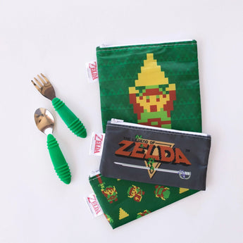 The Legend of Zelda™ snack bag 3-pack by Bumkins includes a green utensil pouch with waterproof fabric, spoon, and fork.