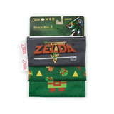 Bumkins 3-Pack Reusable Snack Bags, The Legend of Zelda™ theme, in dark gray and green with pixel hearts, are made from waterproof fabric.