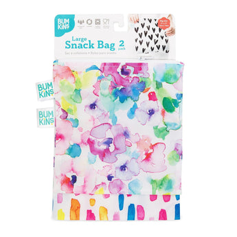 Bumkins Reusable Snack Bag, Large 2-Pack in Watercolor & Brush Strokes features waterproof fabric and a durable zipper closure.