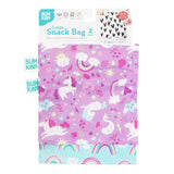 The Bumkins Reusable Snack Bag 2-Pack in Rainbows & Unicorns features colorful, waterproof fabric and is machine washable.