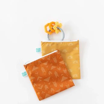 Bumkins 2-pack of large reusable snack bags, Sunshine and Grounded, includes attached teether rings and is made from waterproof fabric.