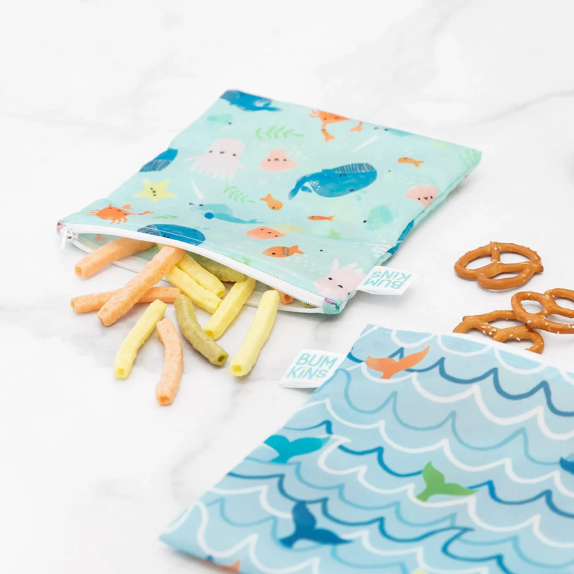 Bumkins Reusable Snack Bags Small Ocean Life & Whale Tail