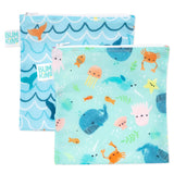 Bumkins Reusable Snack Bag 2-Pack: Ocean Life & Whale Tail, waterproof with durable zippers.