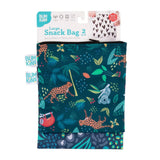 Two Bumkins Reusable Snack Bags, Large 2-Pack: Jungle & Animal Prints with durable zippers in vibrant green and blue tones.