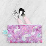 Bumkins Reusable Snack Bag 2-Pack features pink utensils in a colorful unicorn, hearts, and rainbows pouch on waterproof fabric.