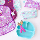 Bumkins Reusable Snack Bags, Rainbows & Unicorns: Includes a divided plate and pink utensils on waterproof fabric background.