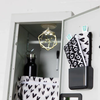 Unlock with a black bottle, geometric decor, and Bumkins machine washable black-and-white reusable snack bags in XOXO & Hearts.