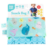 The Bumkins small 2-pack includes ocean life & whale tail snack bags, both made of waterproof fabric.