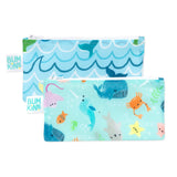 Two Bumkins Reusable Snack Bags, Small 2-Pack, feature waterproof fabric with pastel ocean life and whale tail designs.