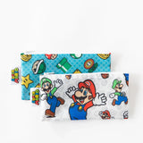 Two waterproof Super Mario-themed snack bags by Bumkins in blue and white featuring Mario, Luigi, and power-ups.