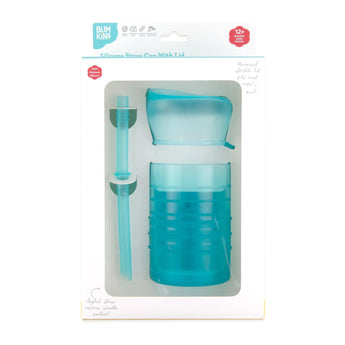 Bumkins Silicone Straw Cup with Lid in Blue is LFGB-grade, includes a flexible straw, and is suitable for ages 12+ months.