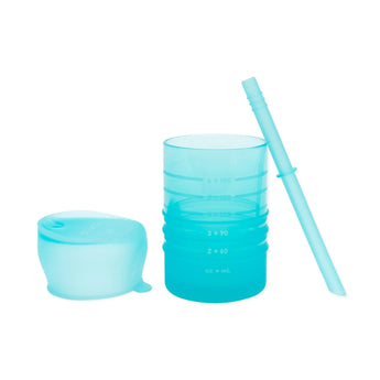 The Bumkins Silicone Straw Cup with Lid: Blue helps toddlers build drinking skills with LFGB-grade silicone and measurement markings.