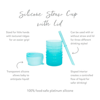 Bumkins Silicone Straw Cup with Lid in Blue features LFGB-grade silicone, a textured grip, and a sloped interior for easy drinking.