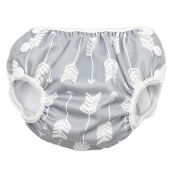 Bumkins Swim Diaper: Gray/white with arrows, white buttons, waterproof for stylish mess-free swimming.