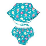 Bumkins Swim Set: Mermaids includes a teal swimsuit and UPF 50+ sun hat with cartoon fruit designs and adjustable straps.