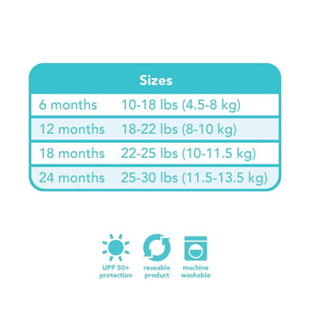 Bumkins Swim Set: Mermaids features a size chart for 6-24 months, UPF 50+, reusable & machine washable items, like the swim diaper.