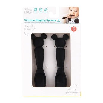 Two Silicone Dipping Spoons: Mickey Mouse by Bumkins, food-safe for 4 months+, ideal for toddlers self-feeding.