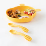 Bumkins Winnie the Pooh Silicone Dipping Spoons paired with a yellow bear plate make the ideal baby feeding set.