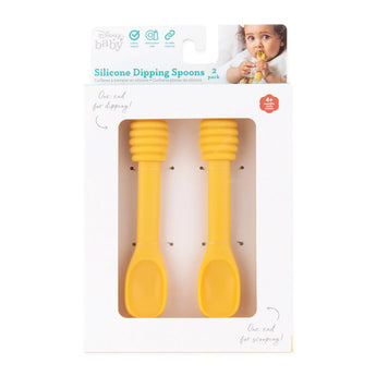 Bumkins Winnie the Pooh Silicone Dipping Spoons make self-feeding easy, featuring two yellow spoons for dipping and scooping.