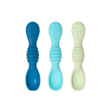 The Bumkins Silicone Dipping Spoons 3 Pack: Gumdrop features ribbed handles and food-safe silicone ends in blue, light blue, and mint green.