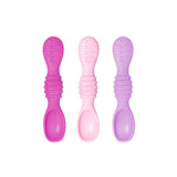 Bumkins Silicone Dipping Spoons 3-Pack: Lollipop is shown in pink, light pink, and purple with textured handles on a white background.