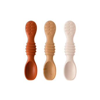 Bumkins Silicone Dipping Spoons 3 Pack: Rocky Road in orange, beige, and white, perfect for self-feeding on a white backdrop.