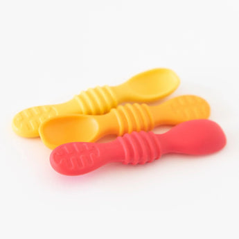 Bumkins Silicone Dipping Spoons 3 Pack: Tutti-Frutti features red, orange, yellow spoons with textured grips and curved handles.