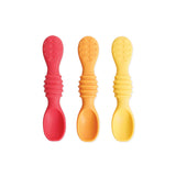 Bumkins Silicone Dipping Spoons 3 Pack: Tutti-Frutti features red, orange, yellow self-feeding utensils with textured silicone handles.