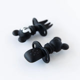 Bumkins Silicone Chewtensils®: Mickey Mouse, black fork and spoon, ideal for baby-led weaning, on a white background.