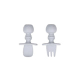 Bumkins Silicone Chewtensils® in gray: food-grade spoon and fork with sensory bumps on round handles for easy gripping.