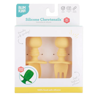 Bumkins Silicone Chewtensils®: Pineapple, made from food-safe silicone, includes a yellow spoon and fork for baby-led weaning.