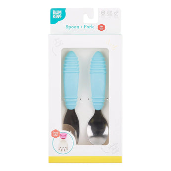 Bumkins Spoon + Fork: Blue, 18+ months. Curved design with stainless steel heads and blue handles for toddler comfort.