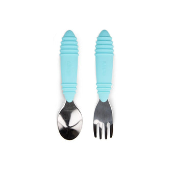 Bumkins Spoon + Fork: Blue features stainless steel and food-safe silicone for safe toddler mealtime adventures.