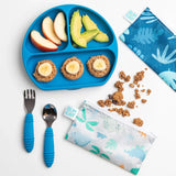 Childrens meal set with sliced apples, avocado, banana pancakes on a blue tray includes Bumkins Spoon + Fork: Dark Blue & fun design bags.