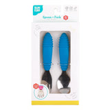 The Bumkins Spoon + Fork set in Dark Blue features silicone handles and stainless steel heads for self-feeding, ideal for ages 18m+.