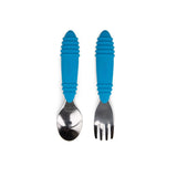 Bumkins Spoon + Fork: Dark Blue silicone utensils for safe toddler self-feeding on a white background.