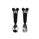 A charming set: Bumkins Spoon + Fork with Mickey Mouse handles, made from food-safe silicone—perfect toddler utensils.