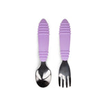 Bumkins Spoon + Fork: Lavender, toddler self-feeding utensils with purple handles and grooved grips for easy use by children.