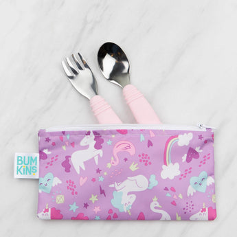 Purple pouch with unicorn and rainbow on marble, featuring Bumkins Spoon + Fork: Pink with pink handles.