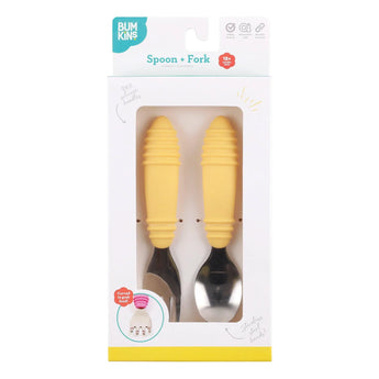 Bumkins Spoon + Fork: Pineapple set, ideal self-feeding utensils for toddlers, soft silicone grips in white and blue packaging.