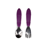 Bumkins Spoon + Fork: Purple, has ribbed grips and is designed for easy self-feeding by toddlers.