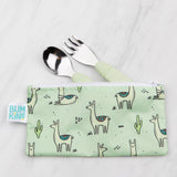 Mint green cutlery pouch with llamas and cacti holds Bumkins Spoon + Fork: Sage set with food-safe, green handles.