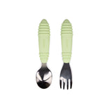 The Bumkins Spoon + Fork set in Sage features ribbed, food-safe silicone grips, ideal for toddlers learning to self-feed.