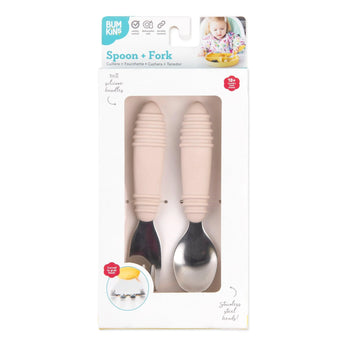 Bumkins Spoon + Fork set in Sand features food-safe silicone handles and stainless steel heads for toddler self-feeding.